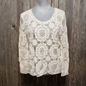 Solitaire M Crochet Lace Top Cream Boho Indie Artsy Cottage Coquette Fairy